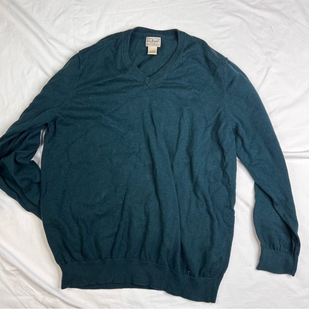 LL Bean Pullover Sweater Men’s XL  Cotton Green Cashmere Blend V-Neck L021024